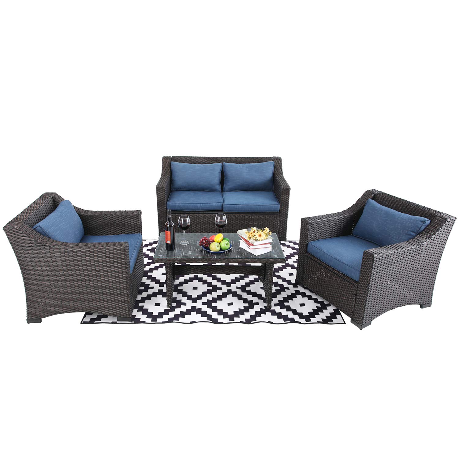 3-Piece, Turquoise Small Patio Wicker Furniture Set PHI VILLA Outdoor Rattan Sectional Sofa 3-Piece, Turquoise Small Patio Wicker Furniture Set PHI VILLA Outdoor Rattan Sectional Sofa