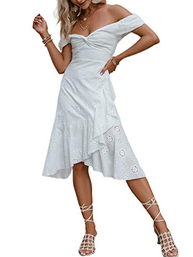 Miessial Women's Boho Off Shoulder Embroidery Midi Dresses Summer Elegant V-Neck Ruffle Dress Miessial Women's Boho Off Shoulder Embroidery Midi Dresses Summer Elegant V-Neck Ruffle Dress
