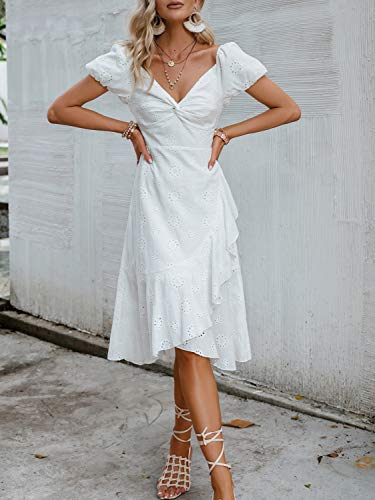 Miessial Women's Boho Off Shoulder Embroidery Midi Dresses Summer Elegant V-Neck Ruffle Dress Miessial Women's Boho Off Shoulder Embroidery Midi Dresses Summer Elegant V-Neck Ruffle Dress