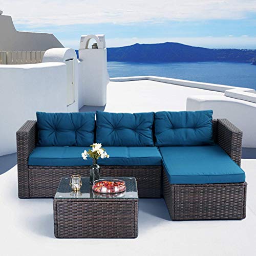 3-Piece, Turquoise Small Patio Wicker Furniture Set PHI VILLA Outdoor Rattan Sectional Sofa 3-Piece, Turquoise Small Patio Wicker Furniture Set PHI VILLA Outdoor Rattan Sectional Sofa