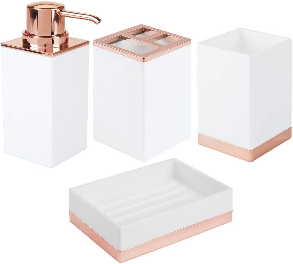 Square Plastic Clear/Soft Brass Soap Dish mDesign Bathroom Vanity Countertop Accessory Set Tumbler Rinsing Cup Divided Toothbrush Holder 4 Pieces Includes Soap Dispenser Pump Square Plastic Clear/Soft Brass Soap Dish mDesign Bathroom Vanity Countertop Accessory Set Tumbler Rinsing Cup Divided Toothbrush Holder 4 Pieces Includes Soap Dispenser Pump