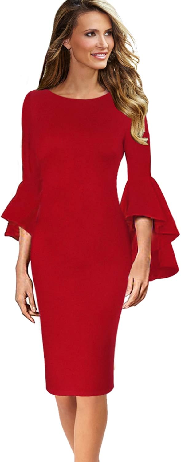 Vfshow Womens Bell Sleeve Cocktail Party Bodycon Pencil Sheath Dress Vfshow Womens Bell Sleeve Cocktail Party Bodycon Pencil Sheath Dress