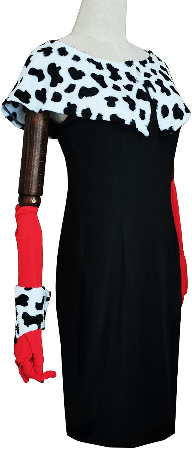 Women's Cruella Deville Costume Dress Stole with Gloves Full Set Outfits for Halloween Women's Cruella Deville Costume Dress Stole with Gloves Full Set Outfits for Halloween