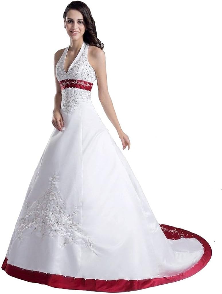 Snowskite Womens Halter Embroidery Satin Wedding Bridal Dress Corset Back Snowskite Womens Halter Embroidery Satin Wedding Bridal Dress Corset Back