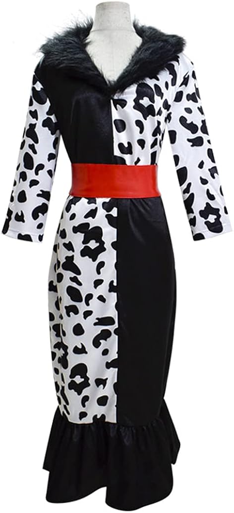 Women's Cruella Deville Costume Dress Stole with Gloves Full Set Outfits for Halloween Women's Cruella Deville Costume Dress Stole with Gloves Full Set Outfits for Halloween