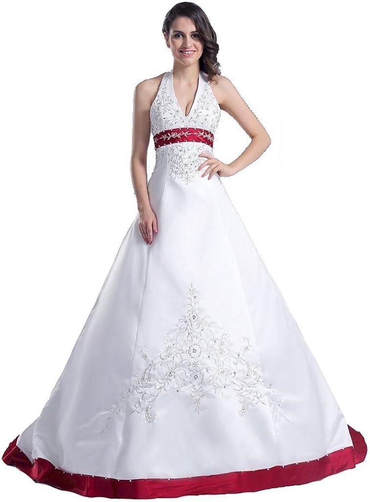 Snowskite Womens Halter Embroidery Satin Wedding Bridal Dress Corset Back Snowskite Womens Halter Embroidery Satin Wedding Bridal Dress Corset Back