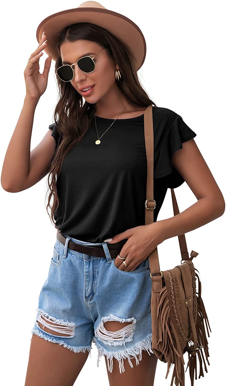 PrinStory Summer Tops Knit Shirts Casual Ruffle Short Sleeve Top Round Neck Tunic Tank Tops Tee Blouse for Women PrinStory Summer Tops Knit Shirts Casual Ruffle Short Sleeve Top Round Neck Tunic Tank Tops Tee Blouse for Women