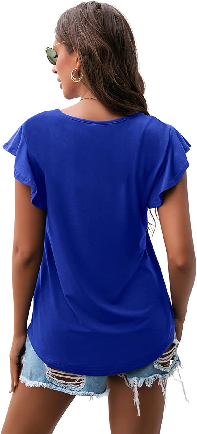 PrinStory Summer Tops Knit Shirts Casual Ruffle Short Sleeve Top Round Neck Tunic Tank Tops Tee Blouse for Women PrinStory Summer Tops Knit Shirts Casual Ruffle Short Sleeve Top Round Neck Tunic Tank Tops Tee Blouse for Women