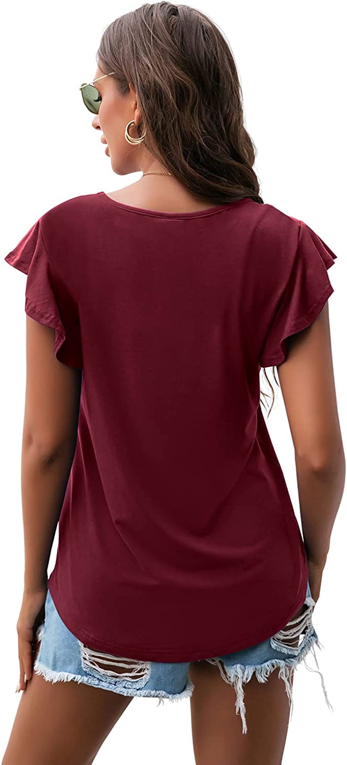 PrinStory Summer Tops Knit Shirts Casual Ruffle Short Sleeve Top Round Neck Tunic Tank Tops Tee Blouse for Women PrinStory Summer Tops Knit Shirts Casual Ruffle Short Sleeve Top Round Neck Tunic Tank Tops Tee Blouse for Women