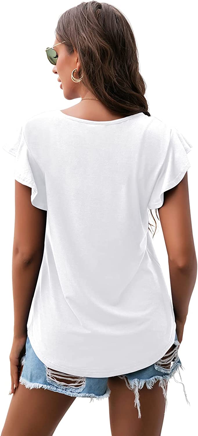 PrinStory Summer Tops Knit Shirts Casual Ruffle Short Sleeve Top Round Neck Tunic Tank Tops Tee Blouse for Women PrinStory Summer Tops Knit Shirts Casual Ruffle Short Sleeve Top Round Neck Tunic Tank Tops Tee Blouse for Women
