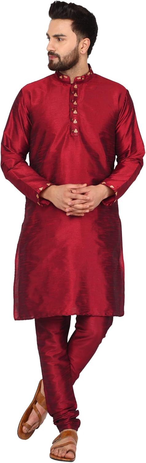 SKAVIJ Men's Tunic Art Silk Kurta Pajama Set Ethnic Indian Party Wear Dress Suit SKAVIJ Men's Tunic Art Silk Kurta Pajama Set Ethnic Indian Party Wear Dress Suit