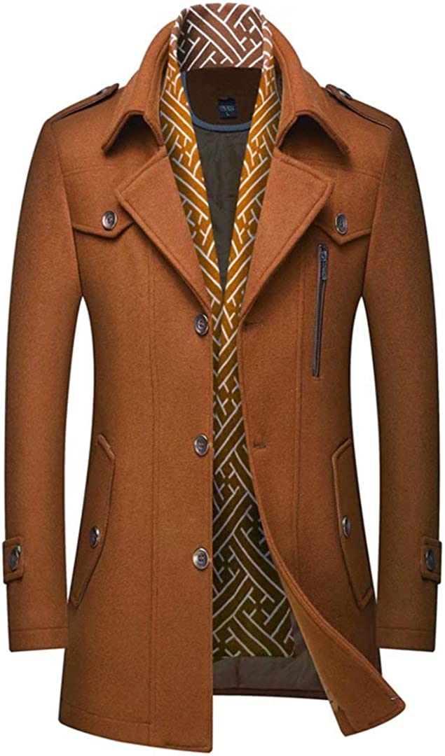 INVACHI Men's Single breasted Mid-length Winter Woolen Business Coat with Free Detachable Soft Touch Wool Scarf INVACHI Men's Single breasted Mid-length Winter Woolen Business Coat with Free Detachable Soft Touch Wool Scarf