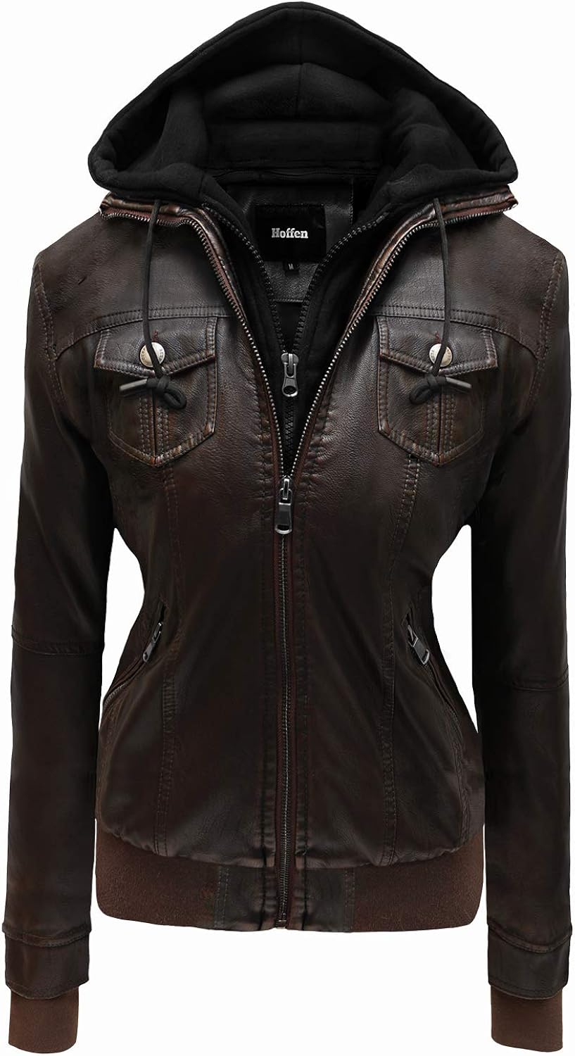 Hoffen Premium Vegan Leather Jacket for Women with Detachable Hood Seitig Model Hoffen Premium Vegan Leather Jacket for Women with Detachable Hood Seitig Model