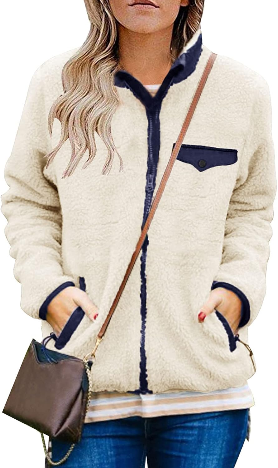 MEROKEETY Womens Long Sleeve Full Zip Sherpa Jackets Patchwork Fleece Coat with Zipper MEROKEETY Womens Long Sleeve Full Zip Sherpa Jackets Patchwork Fleece Coat with Zipper