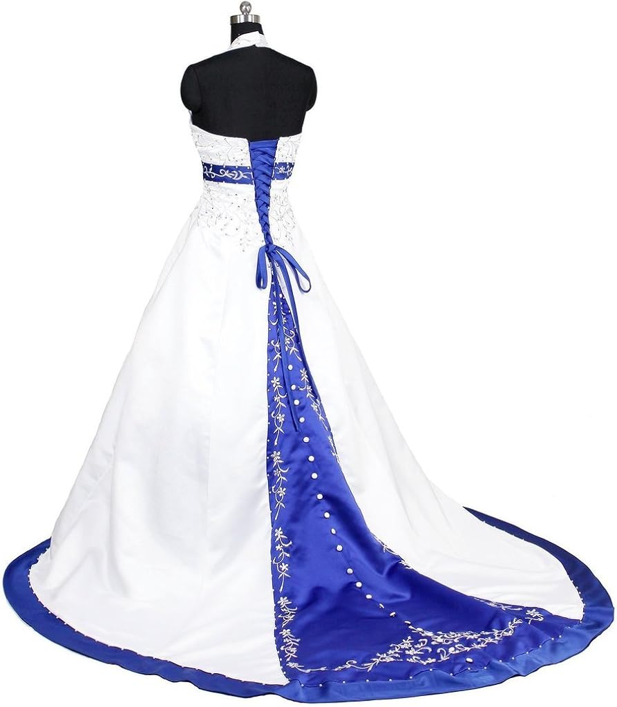 Snowskite Womens Halter Embroidery Satin Wedding Bridal Dress Corset Back Snowskite Womens Halter Embroidery Satin Wedding Bridal Dress Corset Back
