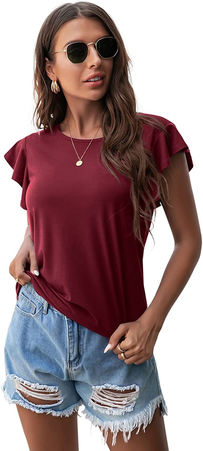 PrinStory Summer Tops Knit Shirts Casual Ruffle Short Sleeve Top Round Neck Tunic Tank Tops Tee Blouse for Women PrinStory Summer Tops Knit Shirts Casual Ruffle Short Sleeve Top Round Neck Tunic Tank Tops Tee Blouse for Women