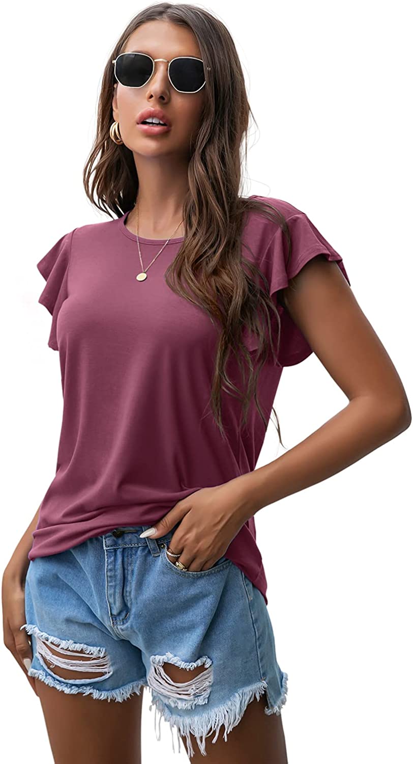 PrinStory Summer Tops Knit Shirts Casual Ruffle Short Sleeve Top Round Neck Tunic Tank Tops Tee Blouse for Women PrinStory Summer Tops Knit Shirts Casual Ruffle Short Sleeve Top Round Neck Tunic Tank Tops Tee Blouse for Women