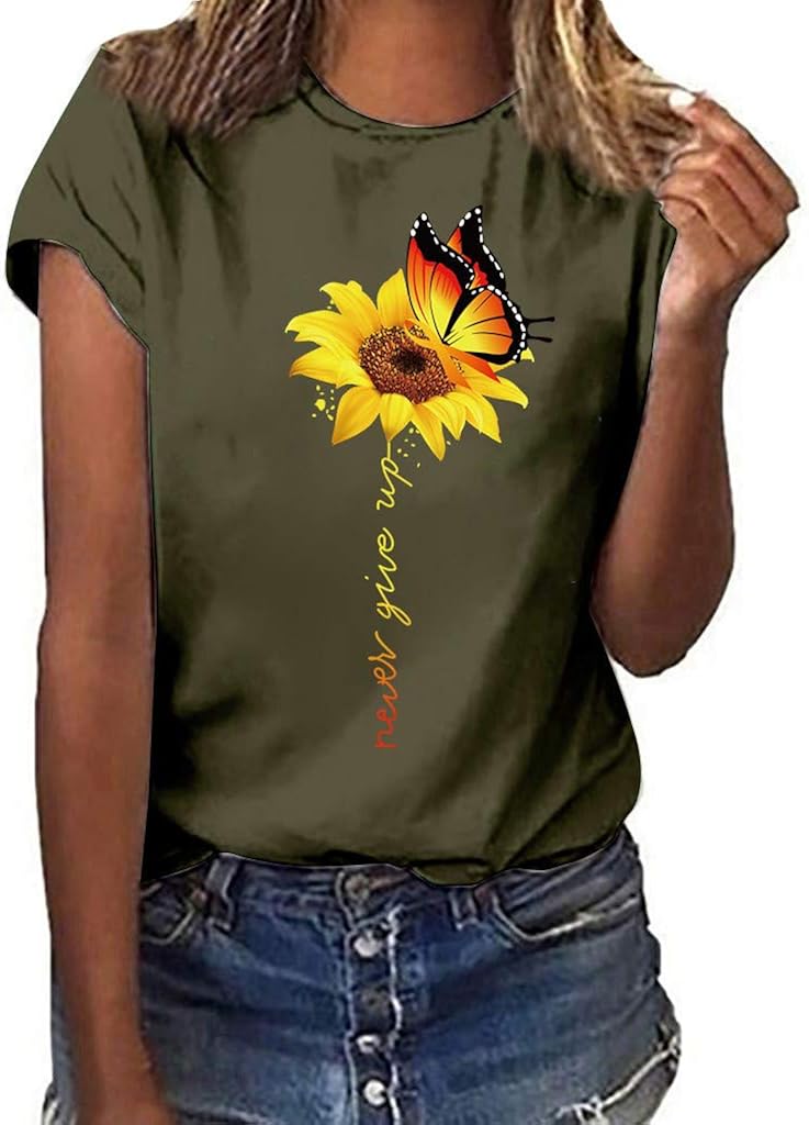 WUAI Summer Tops for Women Casual Short Sleeve Sunflower Graphic Tees Comfy Loose Fit Workout Cotton Shirts Blouses WUAI Summer Tops for Women Casual Short Sleeve Sunflower Graphic Tees Comfy Loose Fit Workout Cotton Shirts Blouses