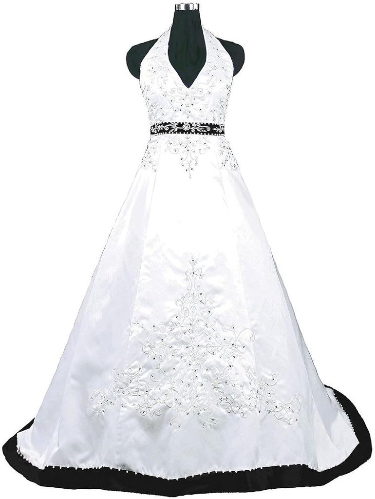 Snowskite Womens Halter Embroidery Satin Wedding Bridal Dress Corset Back Snowskite Womens Halter Embroidery Satin Wedding Bridal Dress Corset Back