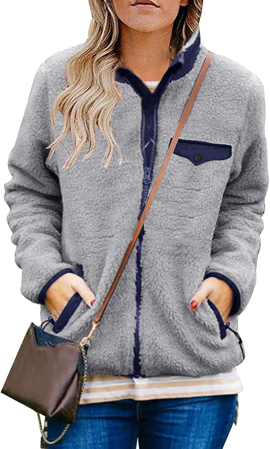 MEROKEETY Womens Long Sleeve Full Zip Sherpa Jackets Patchwork Fleece Coat with Zipper MEROKEETY Womens Long Sleeve Full Zip Sherpa Jackets Patchwork Fleece Coat with Zipper
