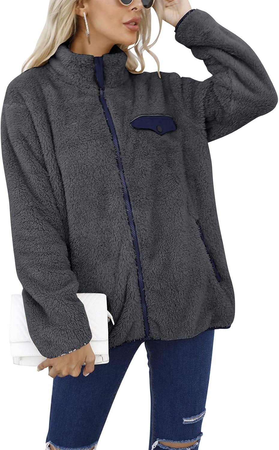 MEROKEETY Womens Long Sleeve Full Zip Sherpa Jackets Patchwork Fleece Coat with Zipper MEROKEETY Womens Long Sleeve Full Zip Sherpa Jackets Patchwork Fleece Coat with Zipper