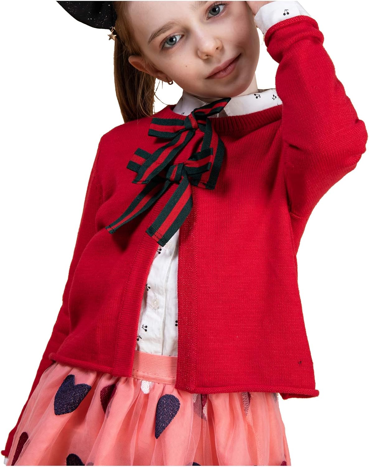 Benito & Benita Girls Cardigan Button Up with Bow Cropped Bolero Sweater Long Sleeve Crew Neck Benito & Benita Girls Cardigan Button Up with Bow Cropped Bolero Sweater Long Sleeve Crew Neck