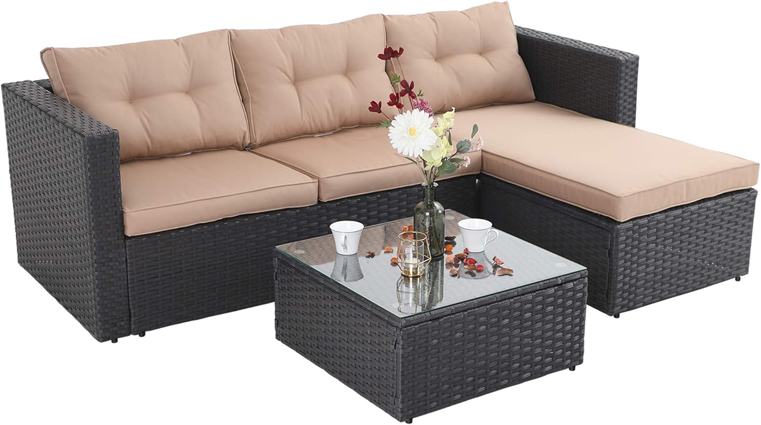 3-Piece, Turquoise Small Patio Wicker Furniture Set PHI VILLA Outdoor Rattan Sectional Sofa 3-Piece, Turquoise Small Patio Wicker Furniture Set PHI VILLA Outdoor Rattan Sectional Sofa