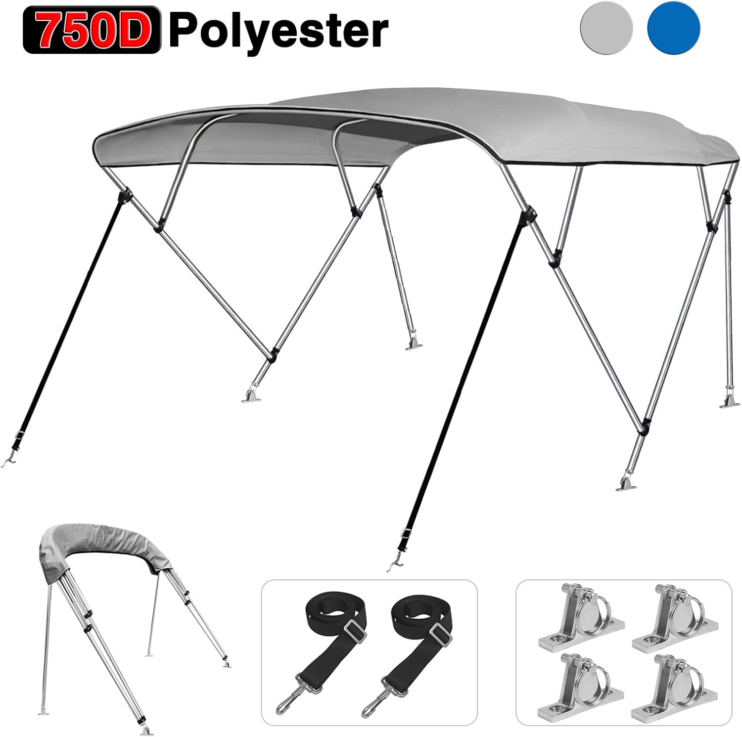 2 Straps KAKIT 750D 3 4 Bow Bimini Top Boat Cover with 2 Rear Support Poles Stainless Steel Mounting Hardwares 1 Inch Stainless Aluminum Frame Storage Boot 4 Quick Release Deck Mounts 2 Straps KAKIT 750D 3 4 Bow Bimini Top Boat Cover with 2 Rear Support Poles Stainless Steel Mounting Hardwares 1 Inch Stainless Aluminum Frame Storage Boot 4 Quick Release Deck Mounts