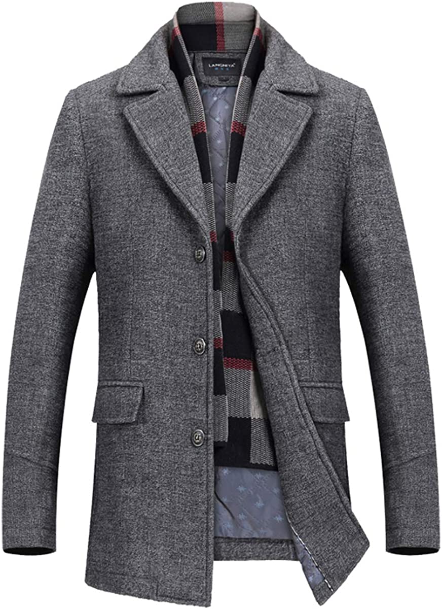 INVACHI Men's Single breasted Mid-length Winter Woolen Business Coat with Free Detachable Soft Touch Wool Scarf INVACHI Men's Single breasted Mid-length Winter Woolen Business Coat with Free Detachable Soft Touch Wool Scarf