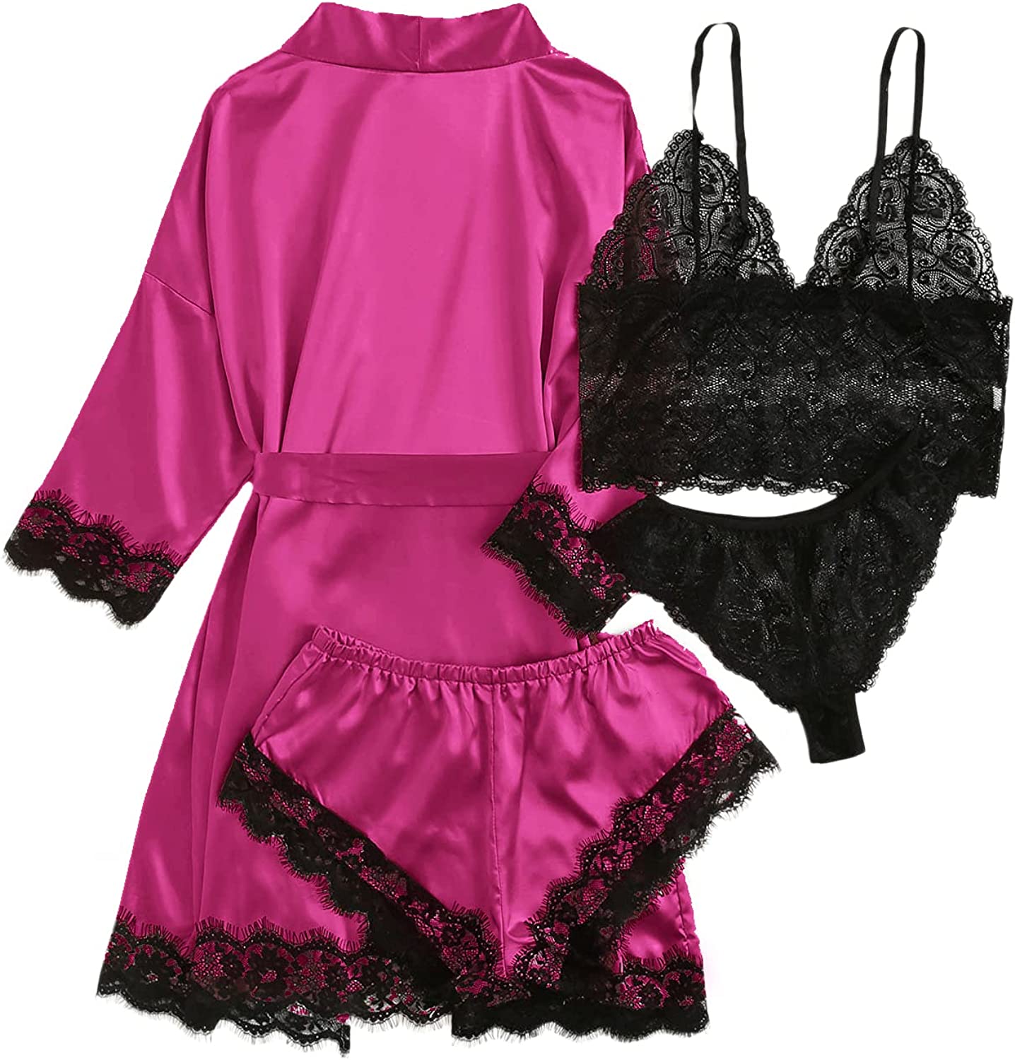 WDIRARA Women's 4 Pieces Satin Floral Lace Cami Top Lingerie Pajama Set with Robe WDIRARA Women's 4 Pieces Satin Floral Lace Cami Top Lingerie Pajama Set with Robe