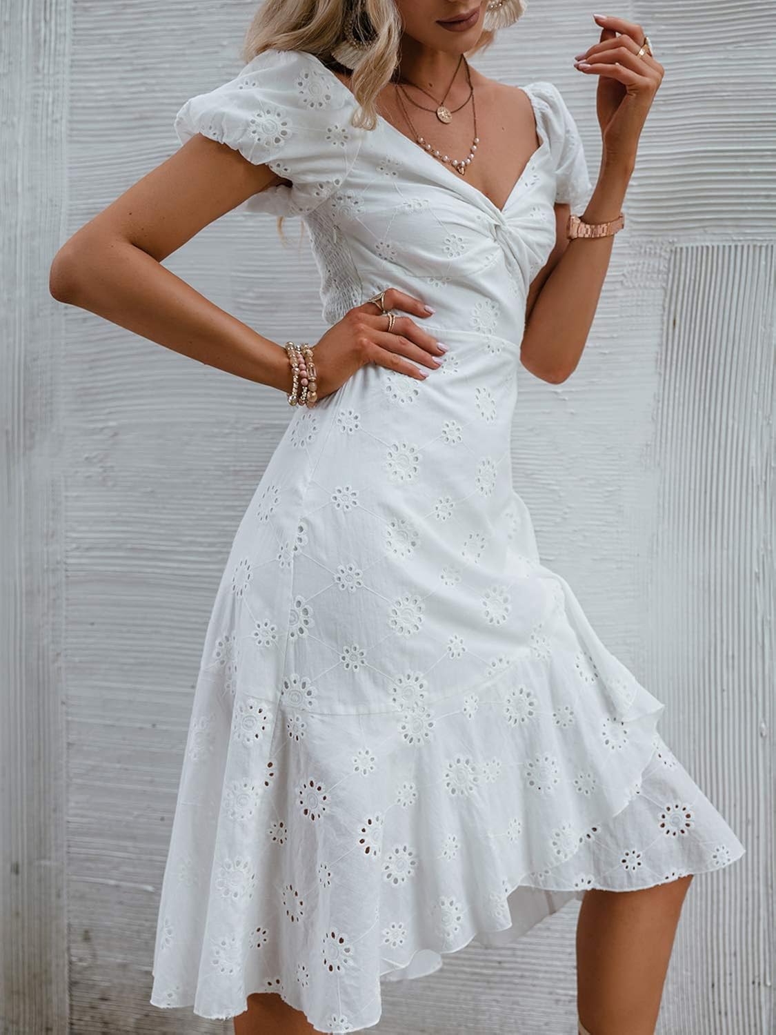 Miessial Women's Boho Off Shoulder Embroidery Midi Dresses Summer Elegant V-Neck Ruffle Dress Miessial Women's Boho Off Shoulder Embroidery Midi Dresses Summer Elegant V-Neck Ruffle Dress