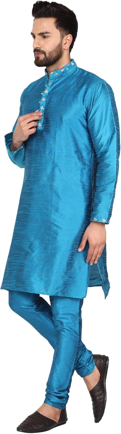SKAVIJ Men's Tunic Art Silk Kurta Pajama Set Ethnic Indian Party Wear Dress Suit SKAVIJ Men's Tunic Art Silk Kurta Pajama Set Ethnic Indian Party Wear Dress Suit