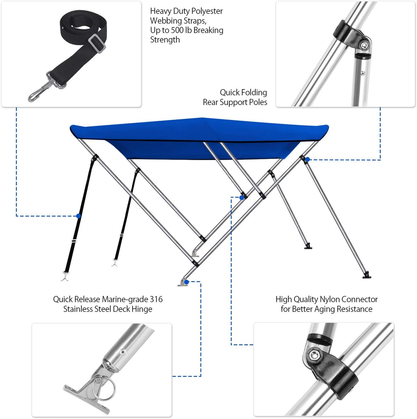 2 Straps KAKIT 750D 3 4 Bow Bimini Top Boat Cover with 2 Rear Support Poles Stainless Steel Mounting Hardwares 1 Inch Stainless Aluminum Frame Storage Boot 4 Quick Release Deck Mounts 2 Straps KAKIT 750D 3 4 Bow Bimini Top Boat Cover with 2 Rear Support Poles Stainless Steel Mounting Hardwares 1 Inch Stainless Aluminum Frame Storage Boot 4 Quick Release Deck Mounts