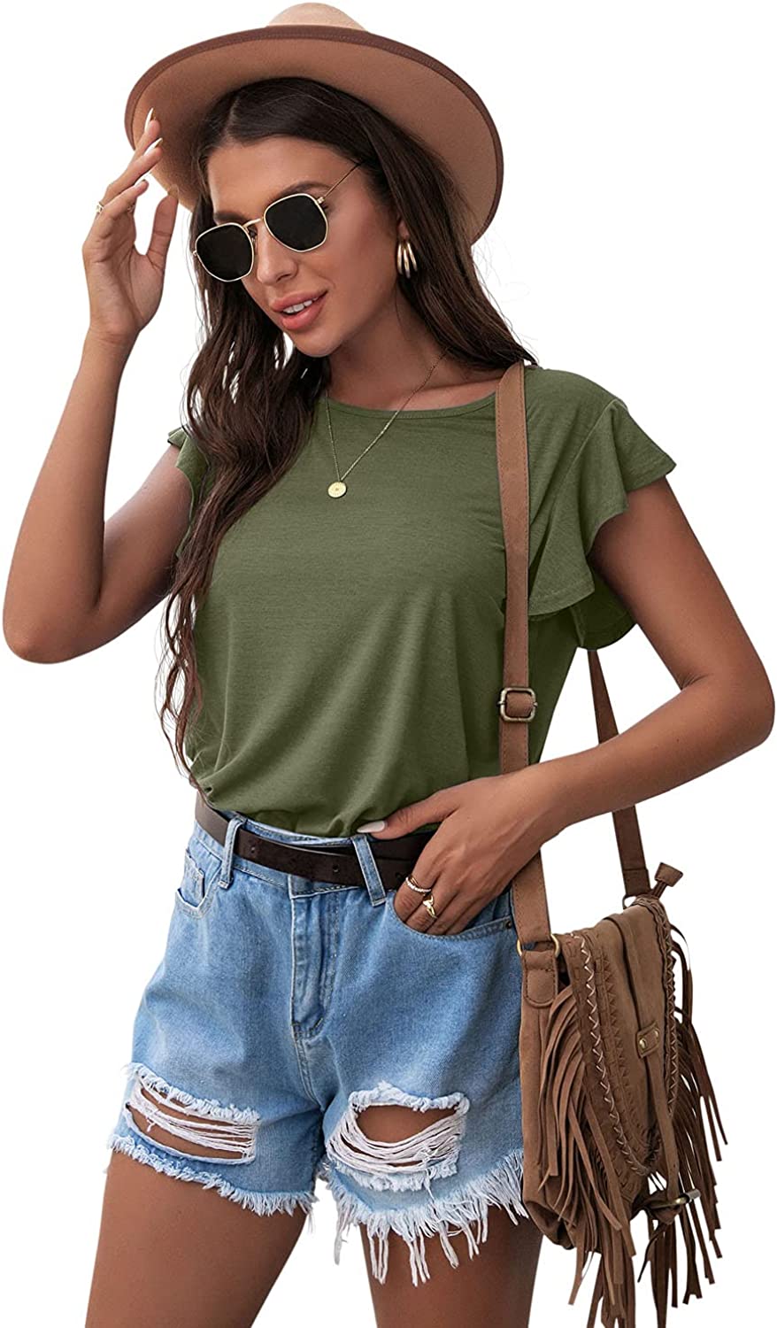 PrinStory Summer Tops Knit Shirts Casual Ruffle Short Sleeve Top Round Neck Tunic Tank Tops Tee Blouse for Women PrinStory Summer Tops Knit Shirts Casual Ruffle Short Sleeve Top Round Neck Tunic Tank Tops Tee Blouse for Women