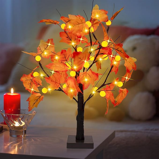 WATERGLIDE Tabletop Lighted Maple Tree 24 LED Thanksgiving Decorations Lights Artificial Table Centerpiece Battery Operated with Timer Leaf and Acorn Autumn Fall Trees for Indoor Home Bedroom Décor WATERGLIDE Tabletop Lighted Maple Tree 24 LED Thanksgiving Decorations Lights Artificial Table Centerpiece Battery Operated with Timer Leaf and Acorn Autumn Fall Trees for Indoor Home Bedroom Décor