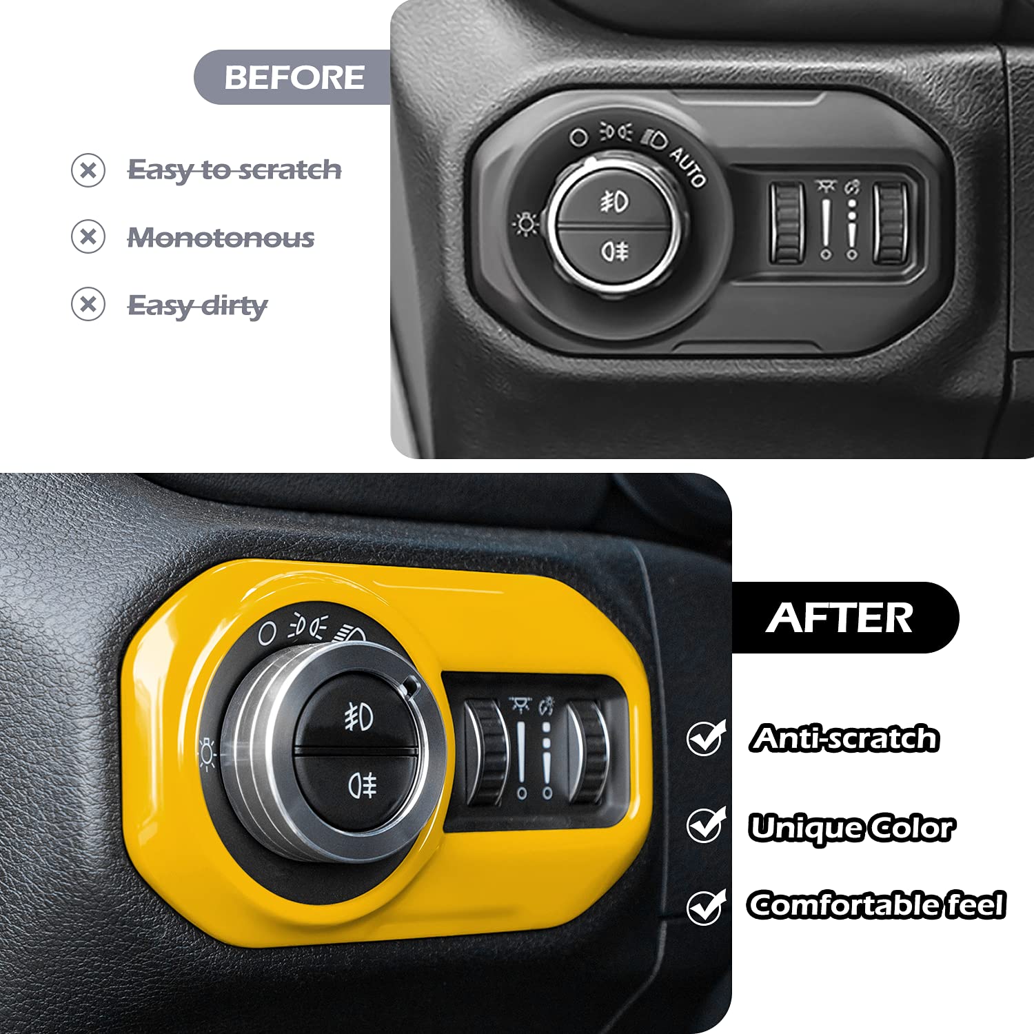 Yellow Headlight Lamp Switch Trim Cover Button Decoration Interior Accessories for 2018-2021 Jeep Wrangler JL JLU & Gladiator JT Yellow Headlight Lamp Switch Trim Cover Button Decoration Interior Accessories for 2018-2021 Jeep Wrangler JL JLU & Gladiator JT