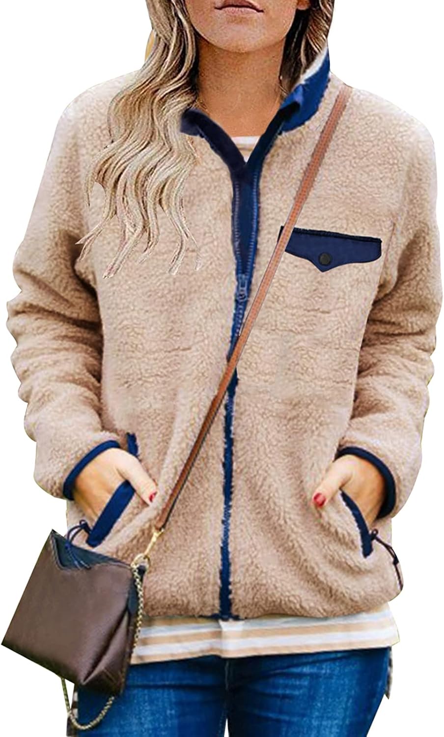 MEROKEETY Womens Long Sleeve Full Zip Sherpa Jackets Patchwork Fleece Coat with Zipper MEROKEETY Womens Long Sleeve Full Zip Sherpa Jackets Patchwork Fleece Coat with Zipper
