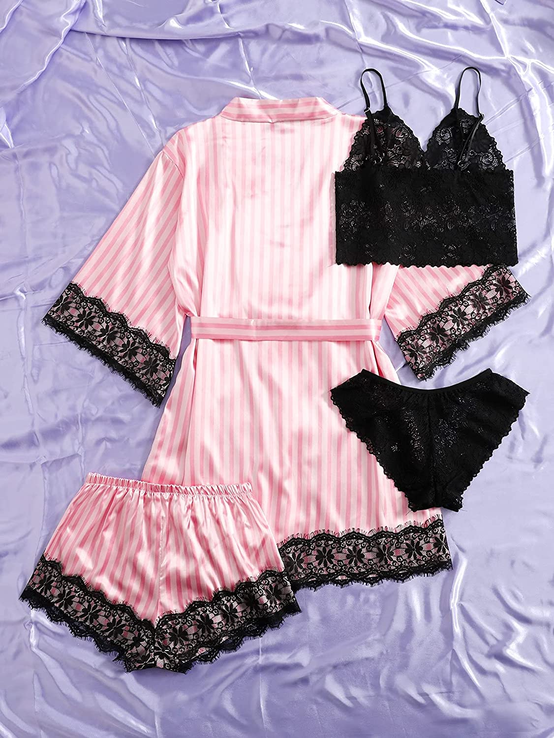 WDIRARA Women's 4 Pieces Satin Floral Lace Cami Top Lingerie Pajama Set with Robe WDIRARA Women's 4 Pieces Satin Floral Lace Cami Top Lingerie Pajama Set with Robe