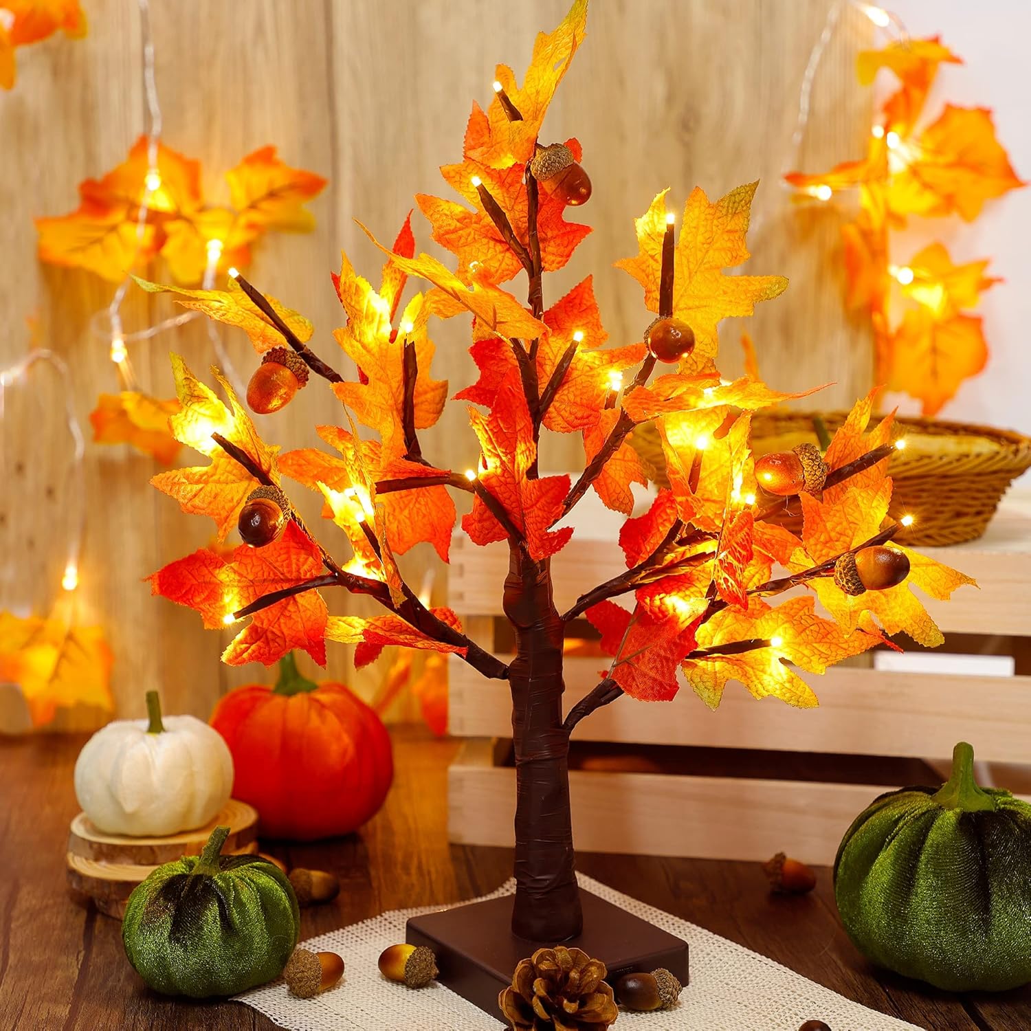 WATERGLIDE Tabletop Lighted Maple Tree 24 LED Thanksgiving Decorations Lights Artificial Table Centerpiece Battery Operated with Timer Leaf and Acorn Autumn Fall Trees for Indoor Home Bedroom Décor WATERGLIDE Tabletop Lighted Maple Tree 24 LED Thanksgiving Decorations Lights Artificial Table Centerpiece Battery Operated with Timer Leaf and Acorn Autumn Fall Trees for Indoor Home Bedroom Décor