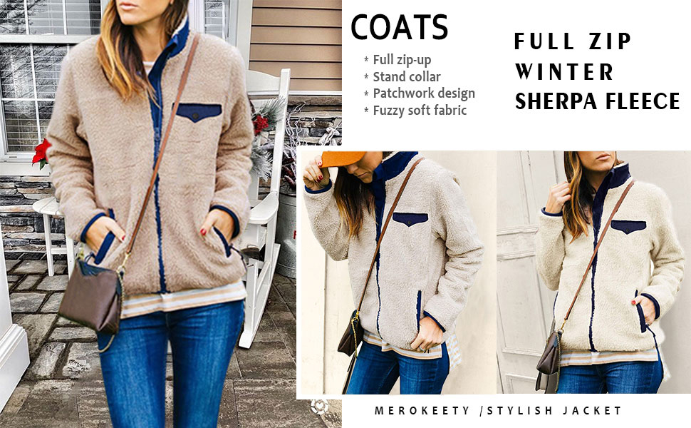 MEROKEETY Womens Long Sleeve Full Zip Sherpa Jackets Patchwork Fleece Coat with Zipper MEROKEETY Womens Long Sleeve Full Zip Sherpa Jackets Patchwork Fleece Coat with Zipper