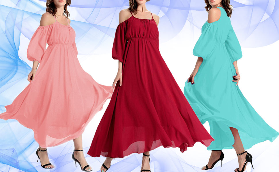 Afibi Womens Off Shoulder Long Chiffon Casual Dress Maxi Evening Dress Afibi Womens Off Shoulder Long Chiffon Casual Dress Maxi Evening Dress