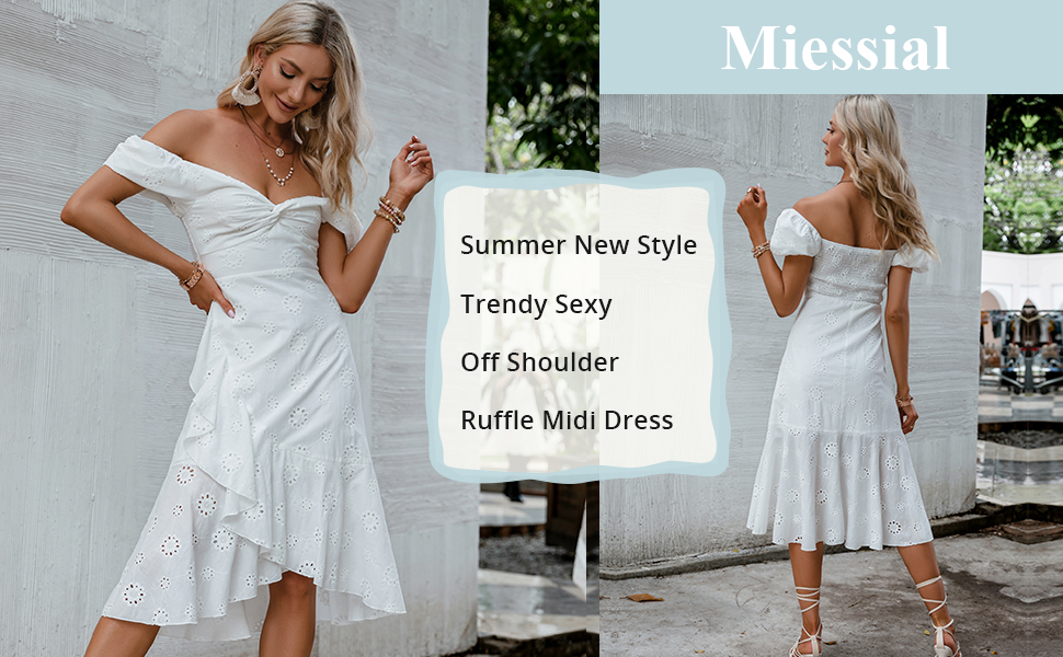 Miessial Women's Boho Off Shoulder Embroidery Midi Dresses Summer Elegant V-Neck Ruffle Dress Miessial Women's Boho Off Shoulder Embroidery Midi Dresses Summer Elegant V-Neck Ruffle Dress