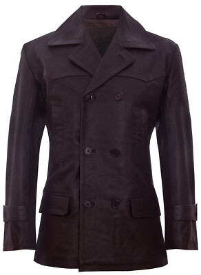 Men's Brown German Naval Dr Who Cow Hide Leather Pea Coat Men's Brown German Naval Dr Who Cow Hide Leather Pea Coat