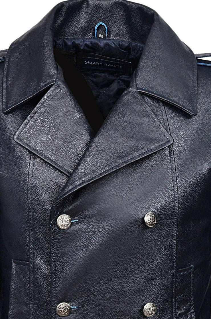 Men's Brown German Naval Dr Who Cow Hide Leather Pea Coat Men's Brown German Naval Dr Who Cow Hide Leather Pea Coat